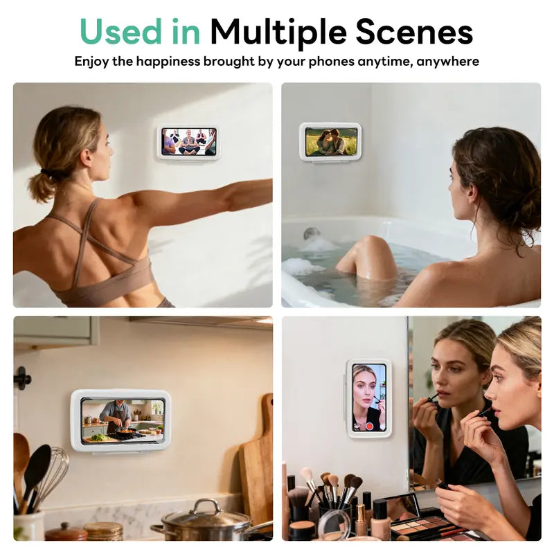 All-round Shower Phone Holder 360° Rotating Fits 4"–7" Phones Wall-mounted for Convenience & Security White Protective Stand Adjustable Viewing Angle Durable Sponge Padding No-Drill Installation