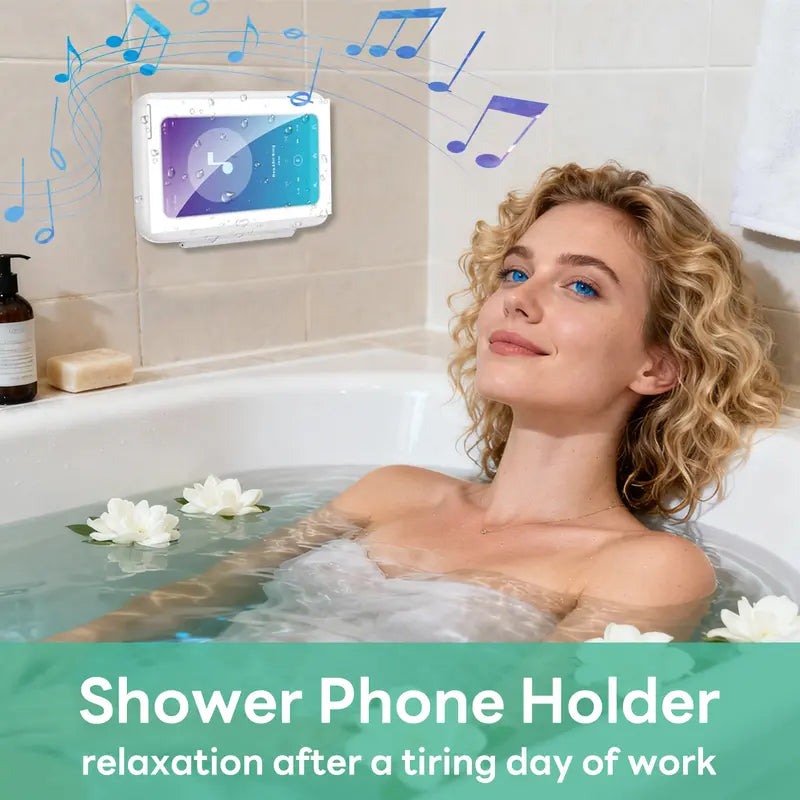 All-round Shower Phone Holder 360° Rotating Fits 4"–7" Phones Wall-mounted for Convenience & Security White Protective Stand Adjustable Viewing Angle Durable Sponge Padding No-Drill Installation