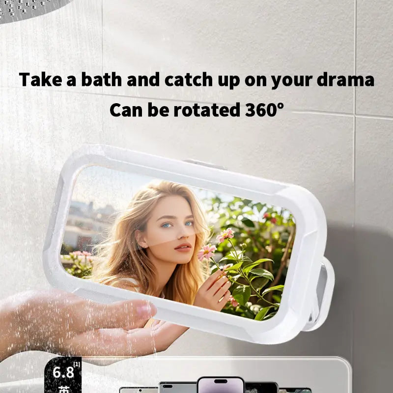 All-round Shower Phone Holder 360° Rotating Fits 4"–7" Phones Wall-mounted for Convenience & Security White Protective Stand Adjustable Viewing Angle Durable Sponge Padding No-Drill Installation