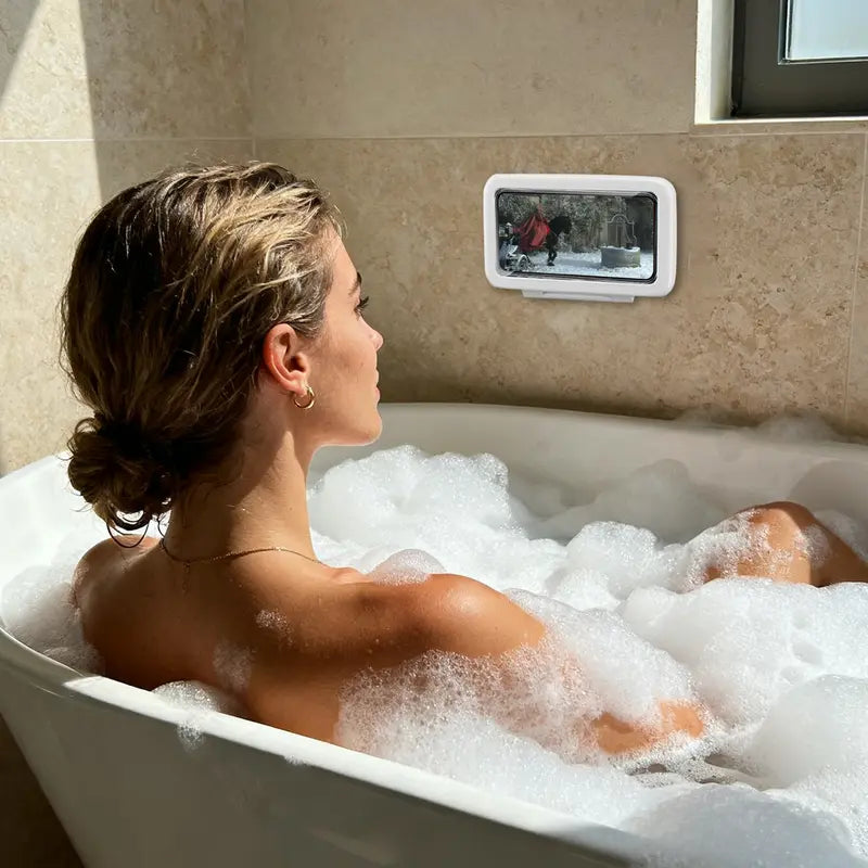 All-round Shower Phone Holder 360° Rotating Fits 4"–7" Phones Wall-mounted for Convenience & Security White Protective Stand Adjustable Viewing Angle Durable Sponge Padding No-Drill Installation