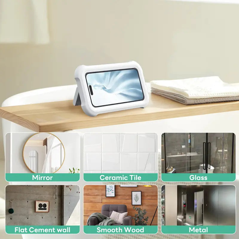 All-round Shower Phone Holder 360° Rotating Fits 4"–7" Phones Wall-mounted for Convenience & Security White Protective Stand Adjustable Viewing Angle Durable Sponge Padding No-Drill Installation