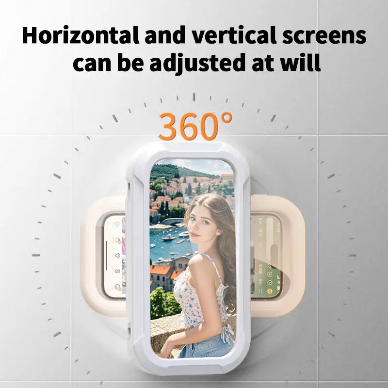 All-round Shower Phone Holder 360° Rotating Fits 4"–7" Phones Wall-mounted for Convenience & Security White Protective Stand Adjustable Viewing Angle Durable Sponge Padding No-Drill Installation