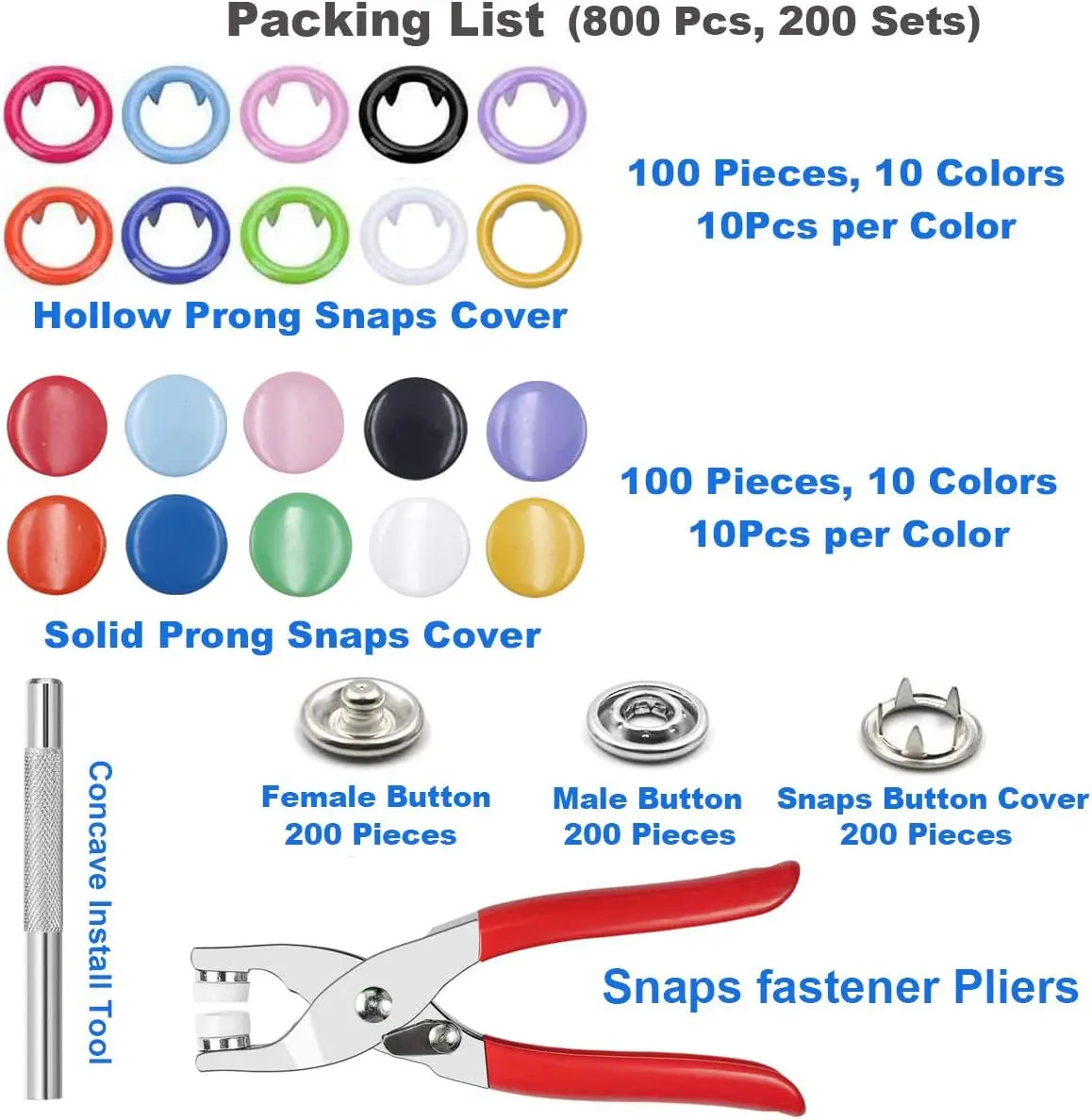 804 Count Snap Fasteners Tool Kit Hollow and Solid Metal Prong Snaps Buttons with Setting Tool for Clothing Crafting Sewing,Leather Snaps Buttons for Jeans Wears Bags