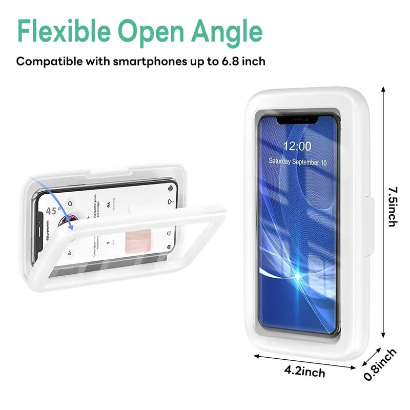 All-round Shower Phone Holder 360° Rotating Fits 4"–7" Phones Wall-mounted for Convenience & Security White Protective Stand Adjustable Viewing Angle Durable Sponge Padding No-Drill Installation