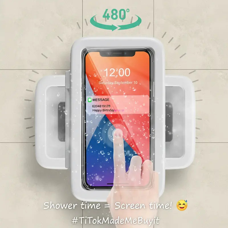 All-round Shower Phone Holder 360° Rotating Fits 4"–7" Phones Wall-mounted for Convenience & Security White Protective Stand Adjustable Viewing Angle Durable Sponge Padding No-Drill Installation